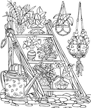 Black-white picture for coloring antistress with flowers in pots on a stand, with a watering can, with garden elements