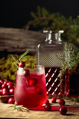 Cranberry cocktail with natural ice and rosemary in frozen glass.