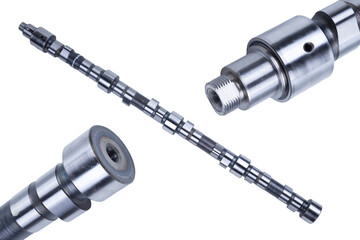 Truck camshaft on white. Industrial concept. close-up, engineering, service concept