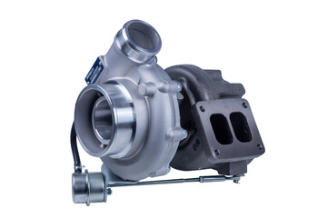 new modern turbocharger of the Russian truck, isolated on a white background. turbocharger to increase the power of the car engine.