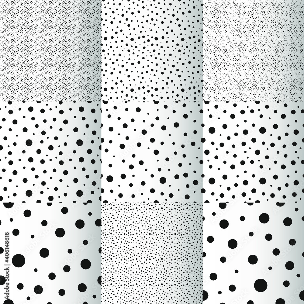 Poster set of abstract vector seamless template with black dots and circles on a white background.