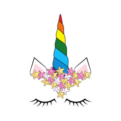 Cute unicorn face. Funny character with rose flowers. Card and shirt print design. Colorful