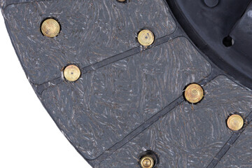 Close-up image of a car part, brown clutch disc isolated on a white background.