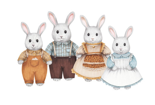 cute family of gray rabbits in vintage costumes