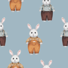 cute gray rabbits in vintage costumes pattern 3 on a blue background