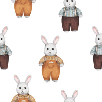 cute gray rabbits in vintage costumes pattern 3 on white background