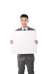 Portrait of young bisiness man holding whiteboard