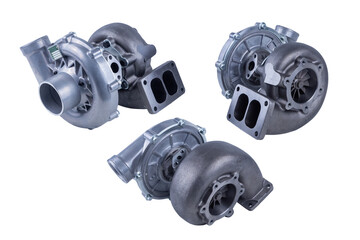 new modern turbocharger of the Russian truck, isolated on a white background. turbocharger to increase the power of the car engine.