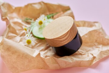 Medical organic herbal cosmetics, natural ingredients chamomile flowers cucumber