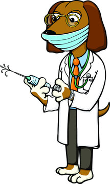 A cartoon dog doctor with syringe and face mask. 