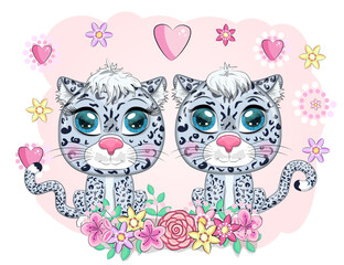 Cartoon snow leopard with expressive eyes. Wild animals, character, childish cute style.