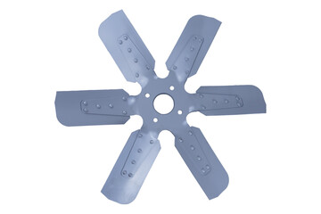 new grey truck engine cooling fan with metal blades isolated on white background. Spare parts