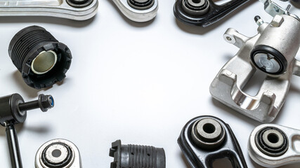 Accessories for cars. Set of new metal car part. Auto motor mechanic spare or automotive piece isolated on white background. Repair and vehicle service.