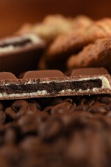 coffee beans on a table chocolate and cookies