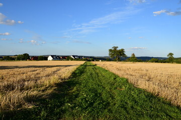 Ein grüner Graspfad durch ein abgeerntetes Feld der hin zu einem Dorf führt