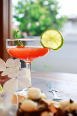 Homemade cookies brownie and marshmallow with cocktails punch served on wooden table.