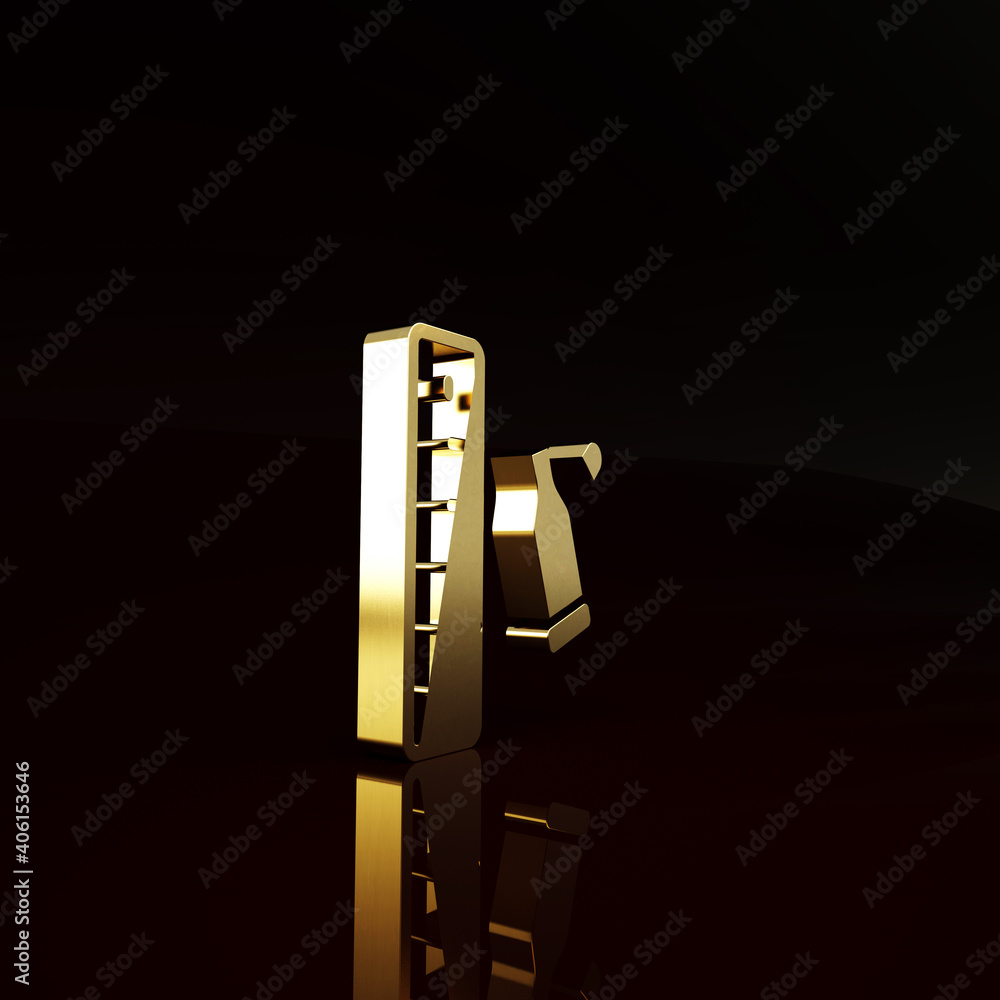 Poster gold bullet casing as a piece of evidence placed with forensic ruler for documentation icon isolated