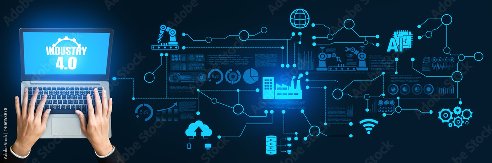 Poster engineering technology and industry 4.0 smart factory concept with icon graphic showing automation s