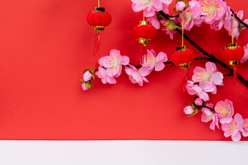 Sakura Cherry Blossom and Ornaments on White and Red Backgrounds with Copy Space