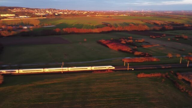 German high speed train ICE railroad track. Aerial view - drone point of view