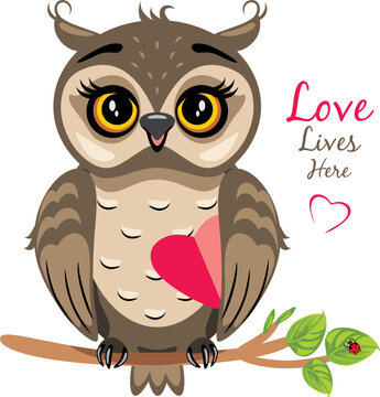 Funny owlet sits on a branch and holds a heart