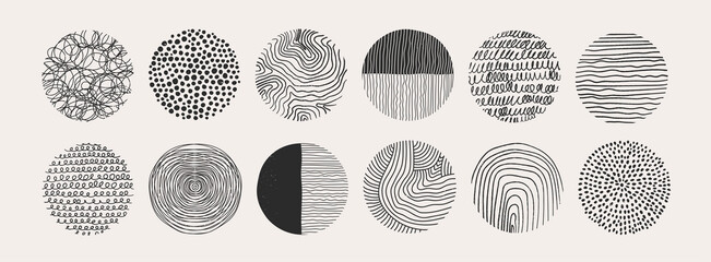 Big Set of round Abstract black Backgrounds or Patterns. Hand drawn doodle shapes. Spots, drops, curves, Lines. Contemporary modern trendy Vector illustration. Posters, Social media Icons templates - 406157837
