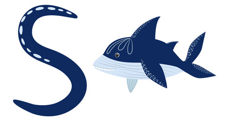 Cartoon shark scandinavian sea for print design.