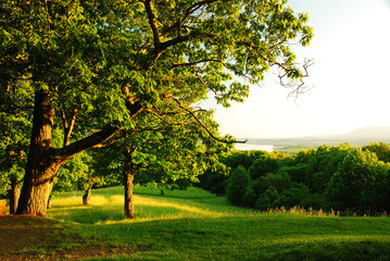 A view from a high point takes in the valley and river