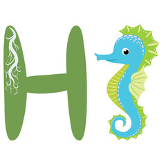 Seahorse, Scandinavian style hippocampus, handdrawn, beautiful detailed. H letter. Cute animal alphabet.