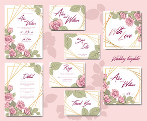 Wedding templates with delicate roses and gold frame. Set of wedding invitations for weddings and holidays. Vector set.