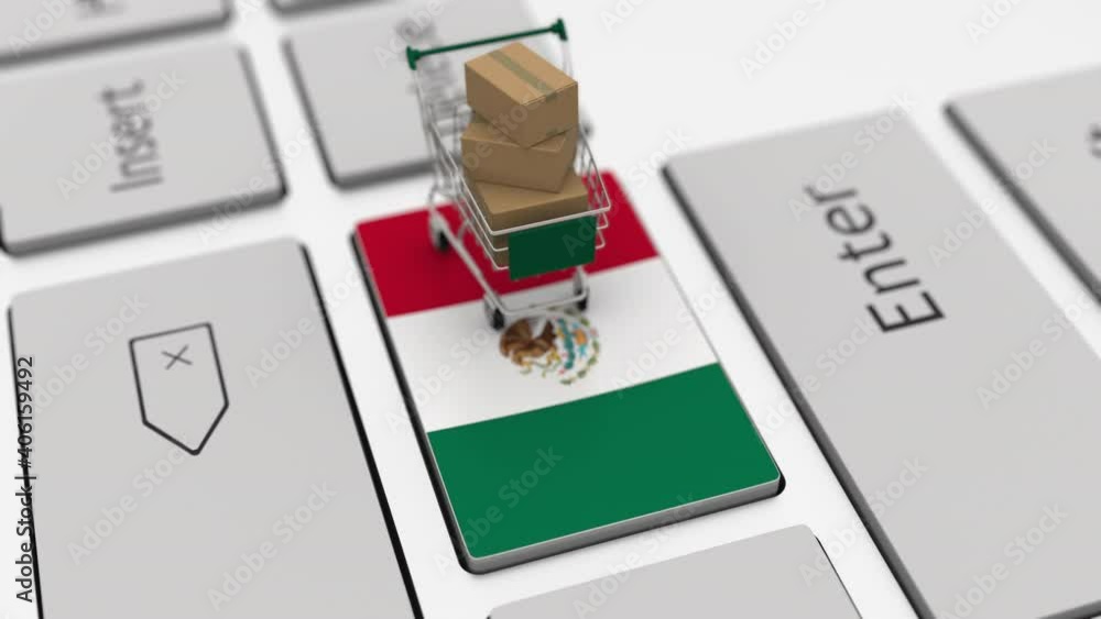 Poster keyboard key with flag of mexico and shopping cart with boxes. online shopping related looping 3d an