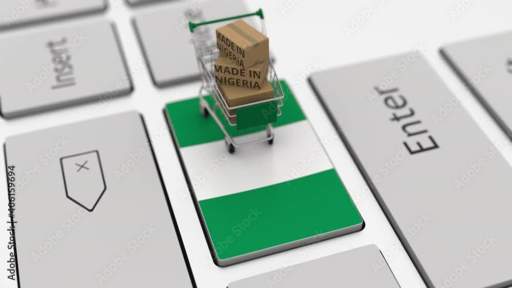 Poster boxes with made in nigeria text and shopping cart on the keyboard. conceptual looping 3d animation