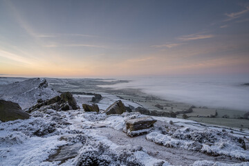 Winter sunrise cloud inversion, and snow at The Roaches, Staffordshire