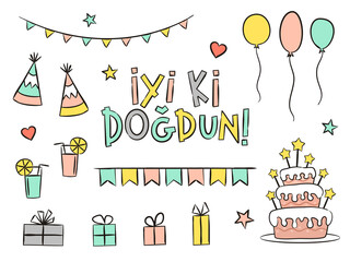 Set of turkish Happy Birthday elements isolated on white background. Hand-drawn holiday elements, gifts, balloons, cake. Vector illustration for Turkey. Translation: Happy Birthday