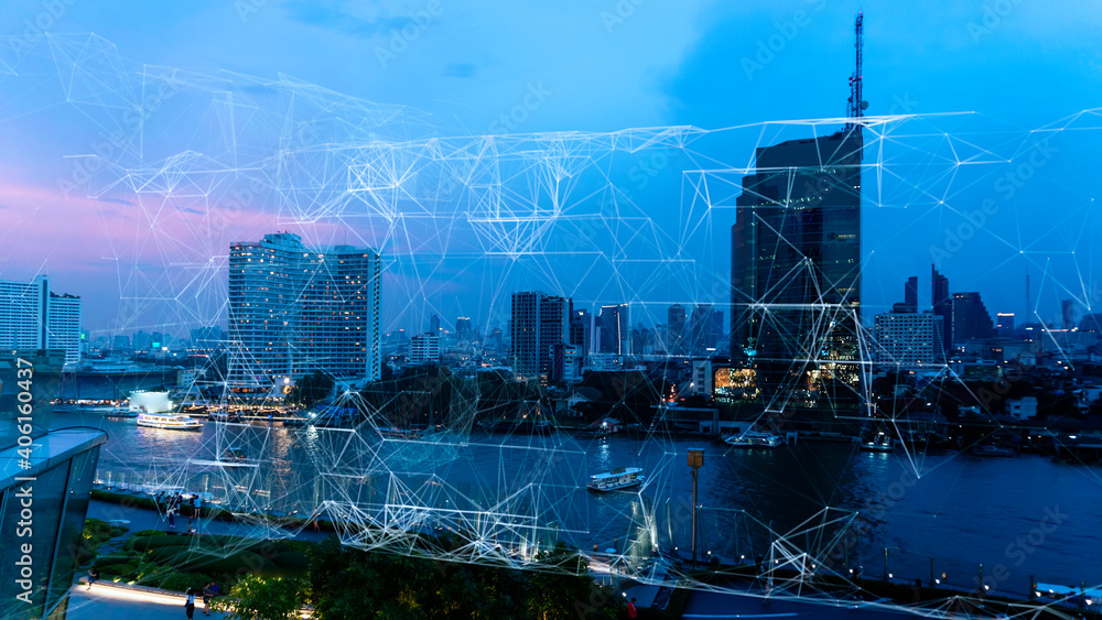 Poster wireless network and connection technology concept with abstract bangkok city background