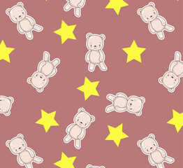 Pattern with teddy bear and stars on a brown background