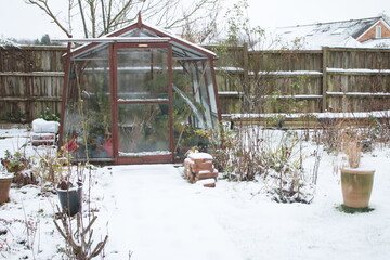 Snow covered garden Winter landscape of glass greenhouse building misty white coating over icy lawn...