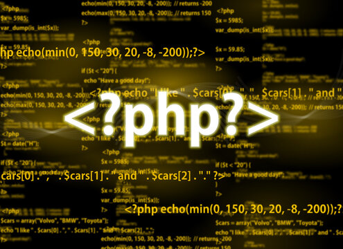 php code on dark background and php tag.  php programing language
