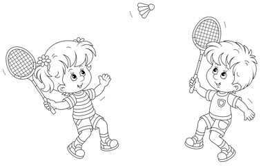 Happy little kids playing badminton with rackets and a flying shuttlecock in a fun game on a summer playground, black and white outline vector cartoon illustration for a coloring book page
