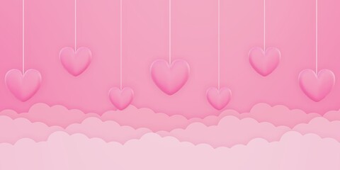 Valentine's day, love concept background, pink 3d heart shape hanging in the sky with cloud