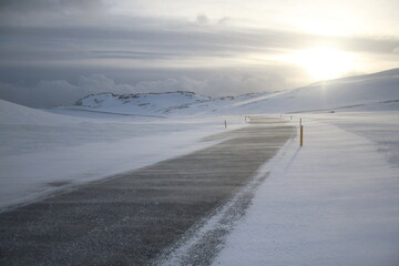 Iceland, Volcanic landscape, sunset, winter, road perspective, road to horizon, asphalt, snow