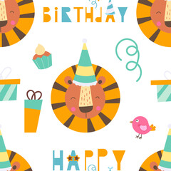 Seamless pattern for birthday design with cute animals – lion and bird. Lettering Happy birthday. Vector illustration for packaging. Pattern is cut, no clipping mask.