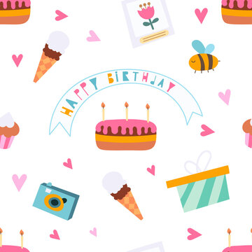 Seamless pattern for birthday design with birthday elements – cake, bee, camera, ice cream, cupcake, hearts. Vector illustration for packaging. Pattern is cut, no clipping mask.