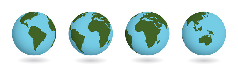 Obraz premium Set of earth planet. Vector atlas countries on sphere. America continent on 3d globe map isolated on white.