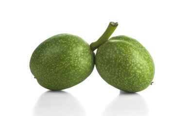 Two young walnuts in green husks. Isolated on white background.