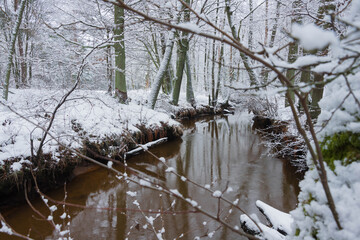 Mała rzeka w zimowej scenerii. © boguslavus