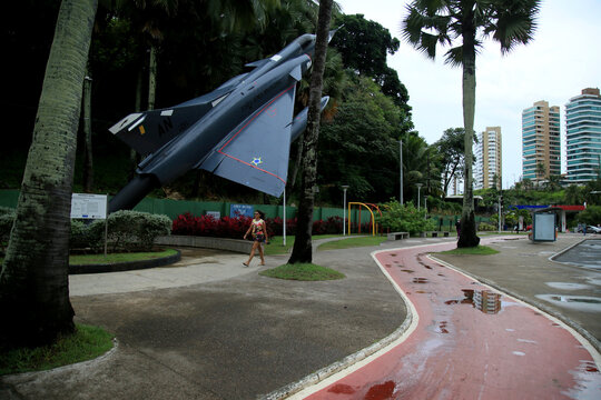 salvador, bahia, brazil - january 15, 2021: monument mirage lll F-103, aircraft of the Brazilian Air Force is seen in the district of Ondina city of Salvador.