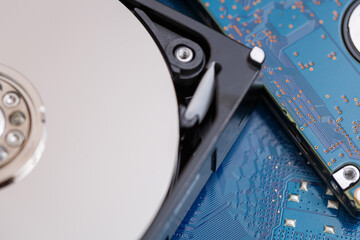 Computer technology concept. Microchips and printed circuit boards close-up.