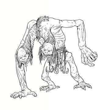 recommend clip art: Two-headed troll drawing. Giant cannibal coloring template.	