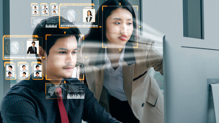 Facial recognition technology scan and detect people face for identification . Future concept interface showing digital biometric security system that analyze human face to verify personal data .